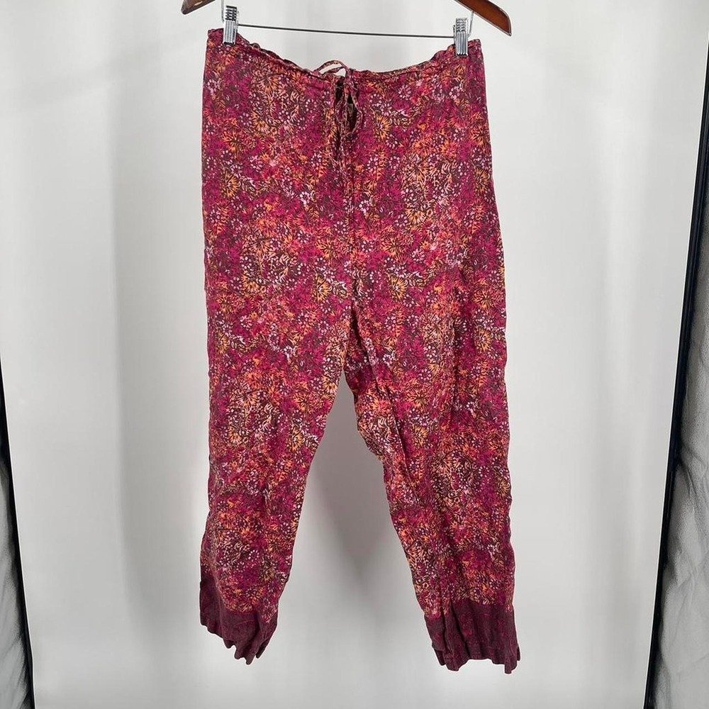 Vintage 100% Linen Colorful Boho High Rise Pants L Floral Hippie Summer Retro